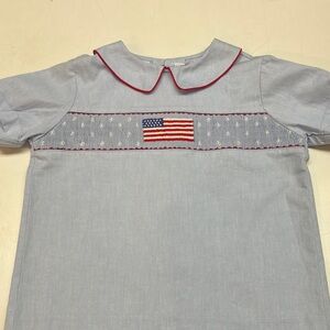 Blue Button Down Shirt with Peter Pan Collar and Smocked Flag